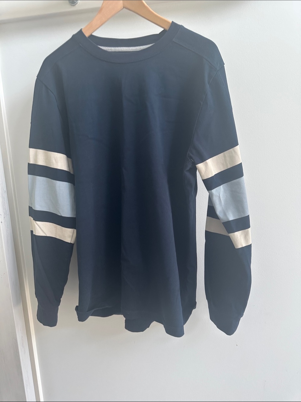 J. Peterman Heavy Weight Navy Long Sleeve Crewneck with contrasting stripes